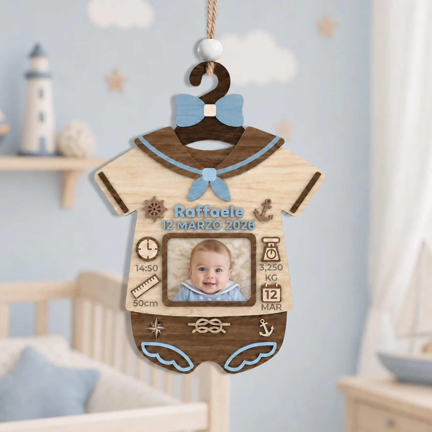 Body nascita in legno con portafoto — azzurro